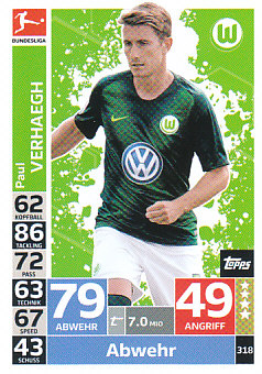 Paul Verhaegh VfL Wolfsburg 2018/19 Topps MA Bundesliga #318